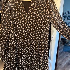 Kaffe Black and Cream Leaf Print Long Sleeve Dress